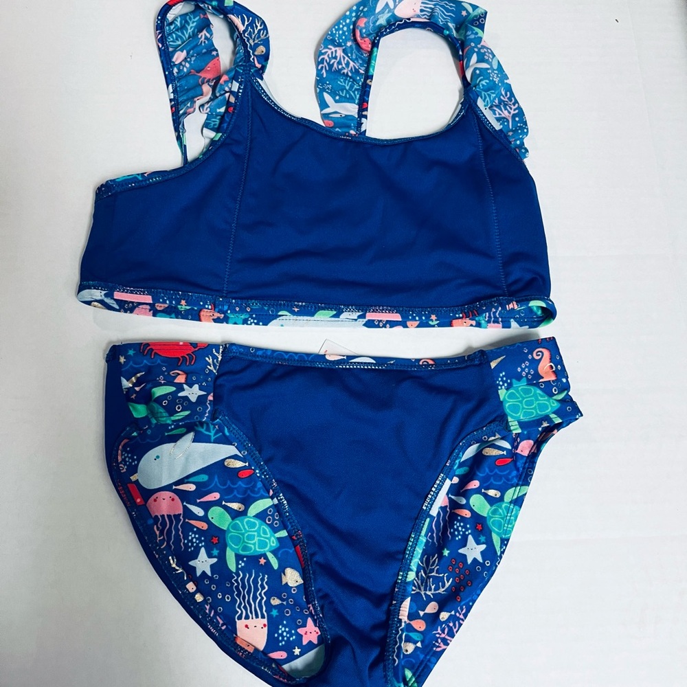 Cat & Jack Girls Blue Bikini with Ocean Print and Ruffles.        SIZE L (10-12) - Picture 10 of 12